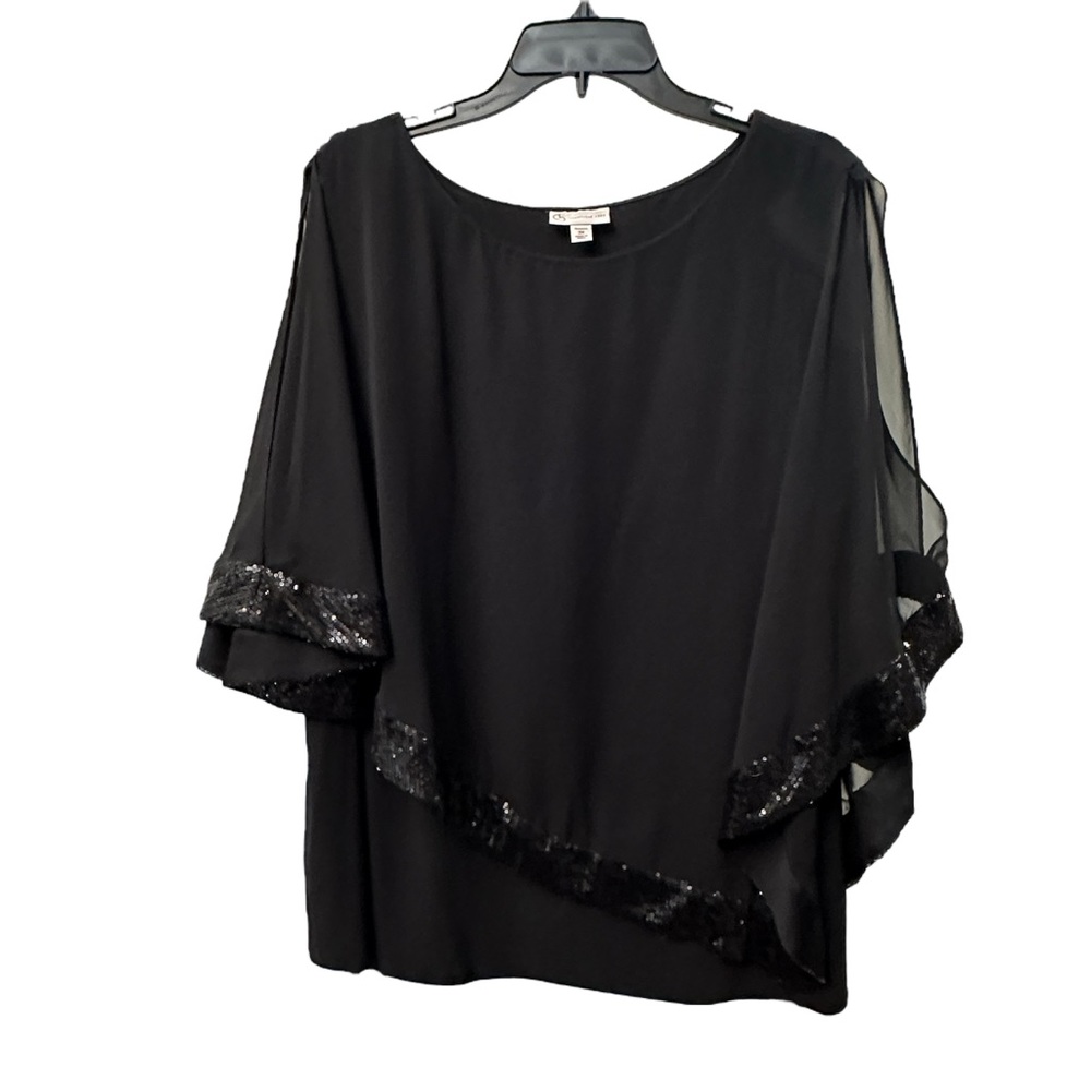 DB‎ Est in 1962 Black Sheer Overlay Sequin Trim Accent Blouse Asymmetrical Hem